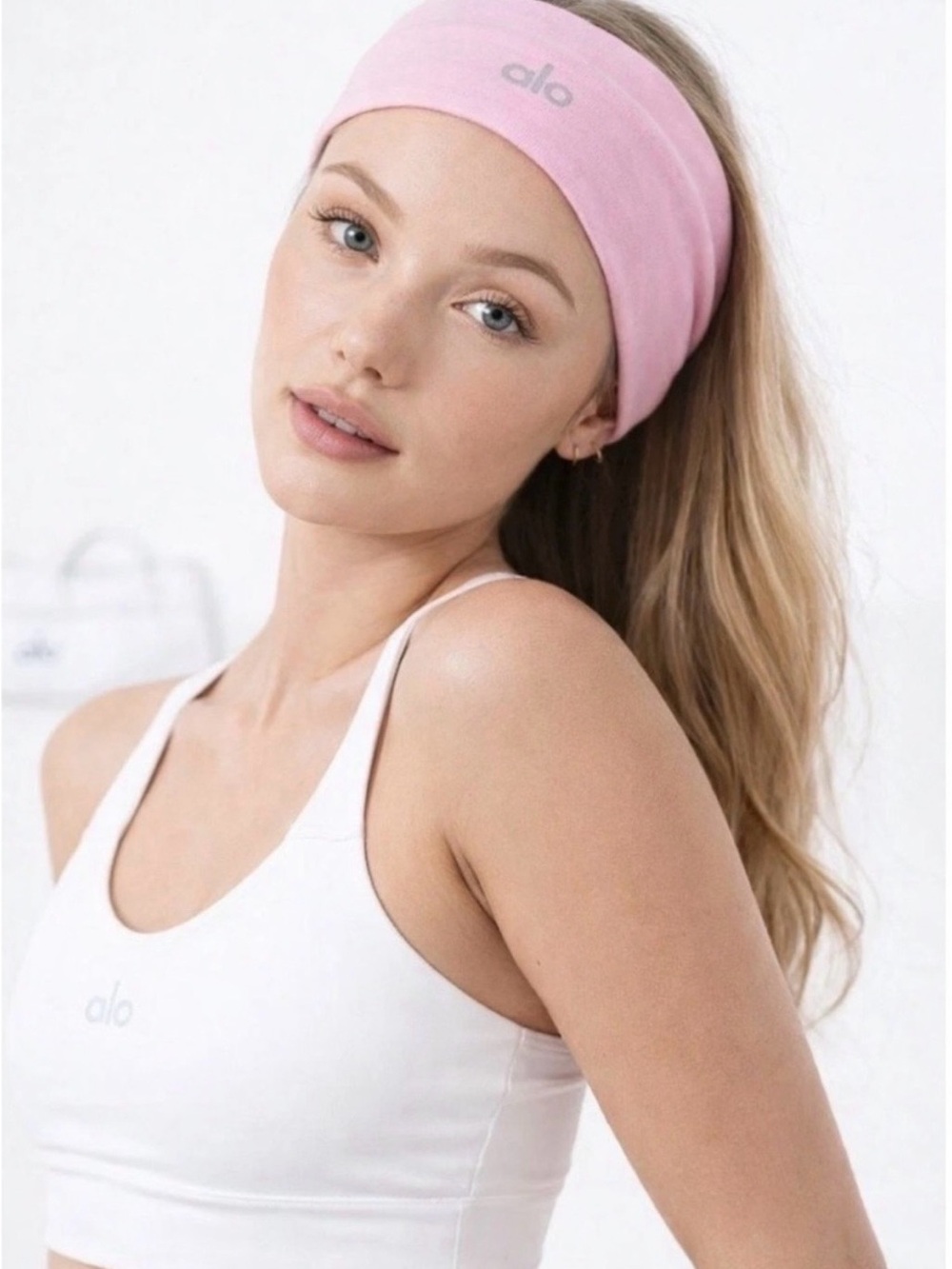 ALO Yoga Wide Pink Headband - Soft Stretch Workout Band - Picture 1 of 6